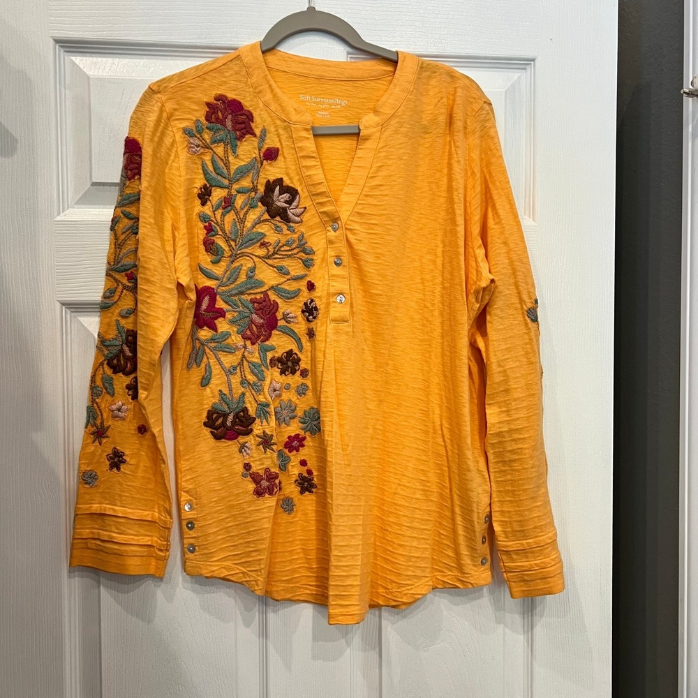Soft Surroundings Henley Top Orange Cotton Slub Floral Embroidered Boho Medium